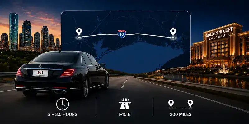 Luxury Mercedes-Benz chauffeur service from Houston to Lake Charles featuring an I-10 route map, estimated 3 to 3.5-hour travel time, 200-mile journey, Houston skyline, Golden Nugget Lake Charles, and the official Lavish Ride logo on the license plate.